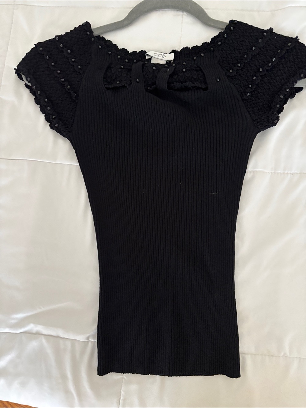 Cache Black Ribbed Knit Tank with Lace Cap Sleeves